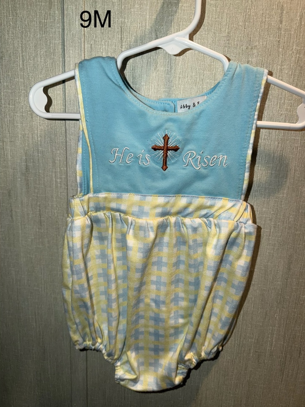 Baby Girls "He is Risen" Blue and Yellow One-Piece Romper